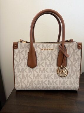 Michael Kors Vanilla Signature Satchel with Brown Leather Trim